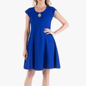 24/7 Comfort Apparel A-Line Cap Sleeve Keyhole Neckline Dress in Blue Size S